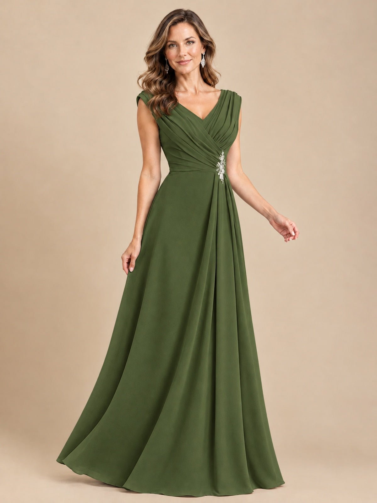 V Neck Pleated Mother of The Bride Dresses with Beading Cap Sleeves