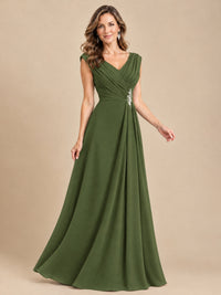 V Neck Pleated Mother of The Bride Dresses with Beading Cap Sleeves