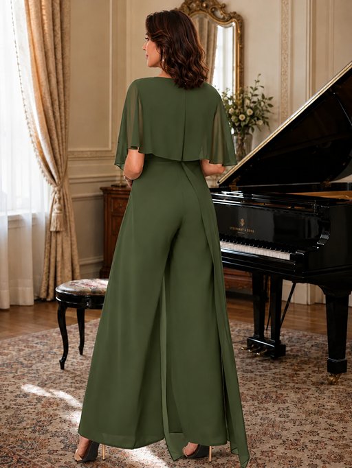 Chiffon Mother of the Bride Jumpsuit with Layered Cape Sleeves