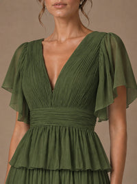 Chiffon V-Neck Tiered Ruffle Bridesmaid Dress with Slit