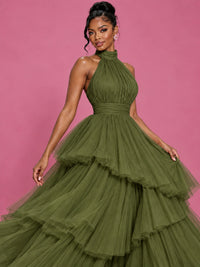Hot Pink Tulle Halter Neck Tiered Ruffle Maxi Dress