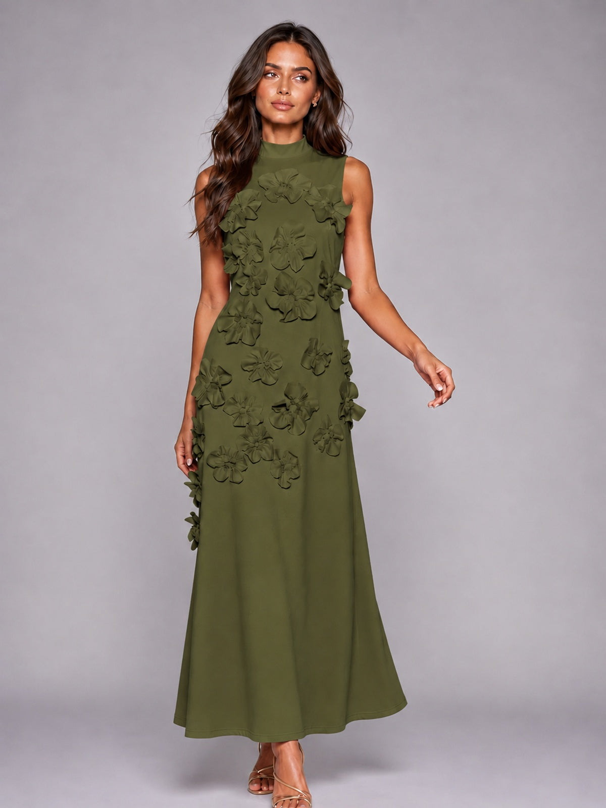 3D Floral Applique High Neck Prom Maxi Dress