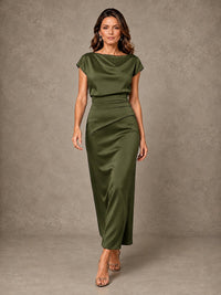 Cowl Neck Satin Mother of the Bride Dress with Ruched Waist