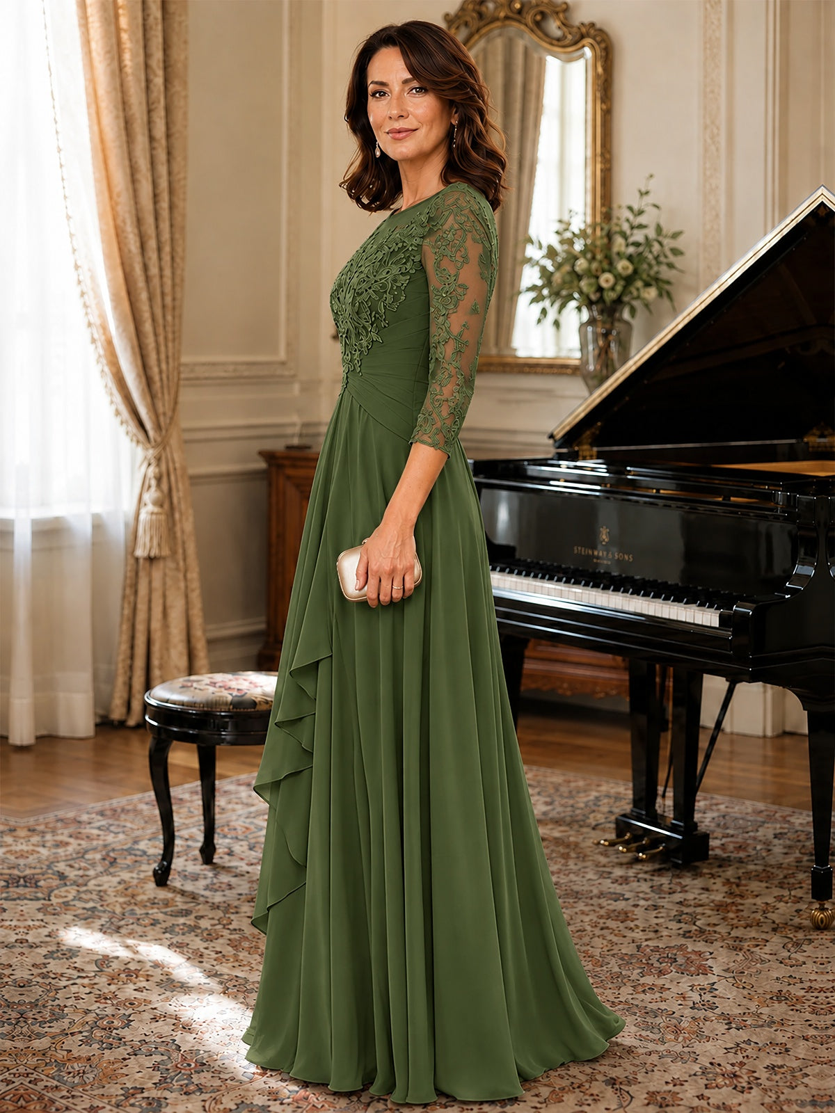 A-Line Chiffon Mother of the Bride Dress with Floral Applique 3/4 Sleeves