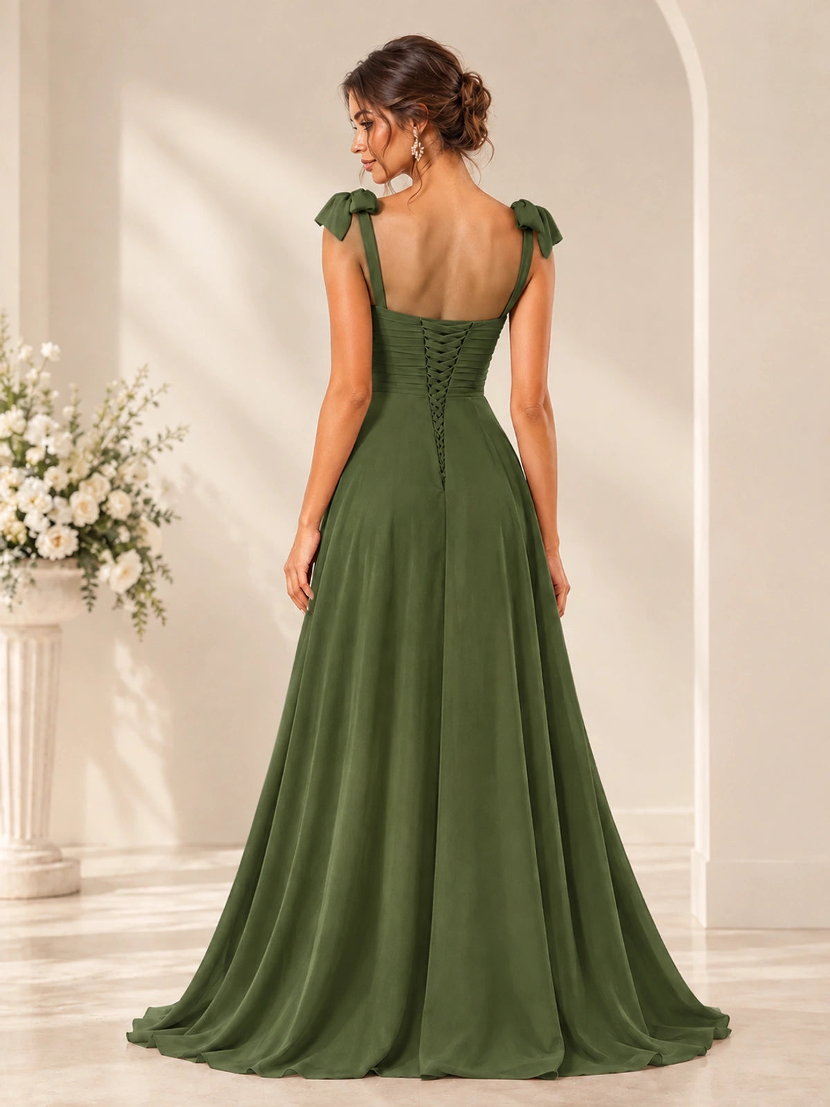 Ruffle Slit Chiffon A Line Scoop Neck Bridesmaid Dresses with Pockets