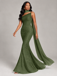 Pleated Chiffon Lace Prom Dresses Long Bodycon Mermaid with Scarf