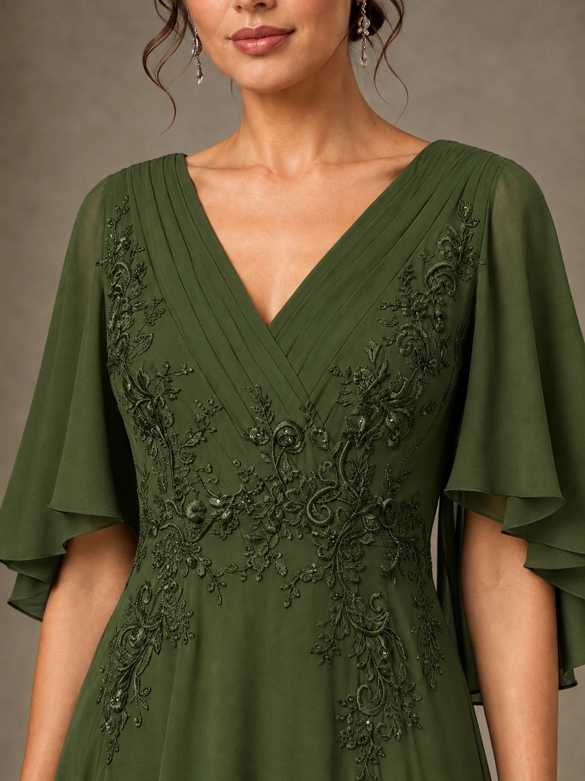 V-Neck Chiffon Lace Mother of the Bride Dress with Flutter Sleeves