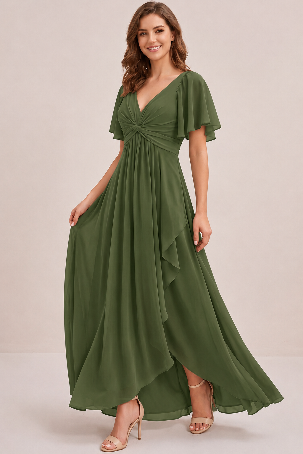 Dusty Blue Chiffon Bridesmaid Dress with Flutter Sleeves & High-Low Hem
