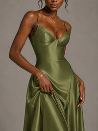 Lavender V Neck Satin Prom Dress with Spaghetti Straps