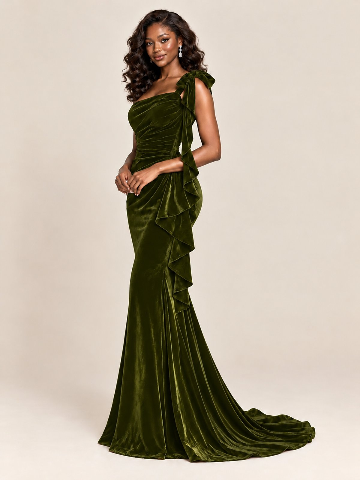 Black Velvet One-Shoulder Mermaid Evening Gown with Bow & Ruffles