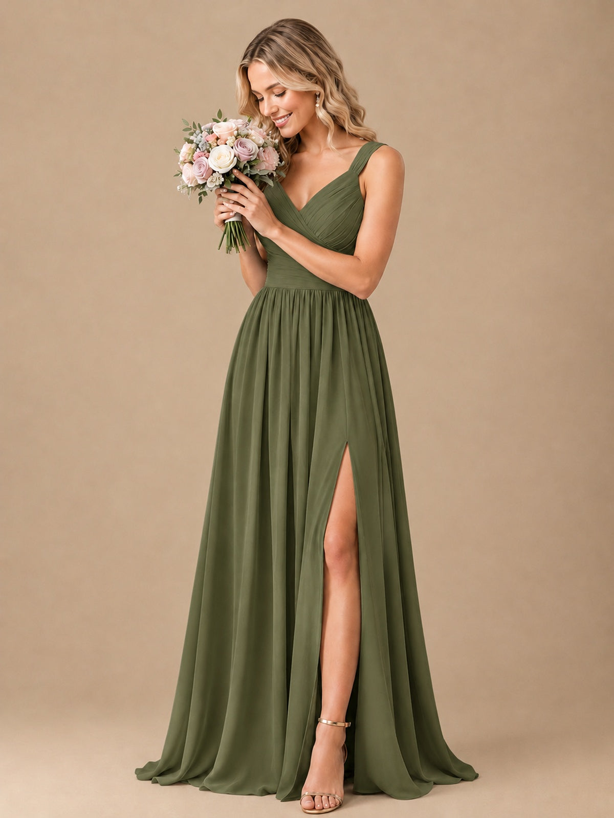 Pleated Chiffon V Neck Wedding Bridesmaid Dresses Floor Length with Slit