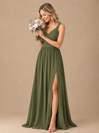 Pleated Chiffon V Neck Wedding Bridesmaid Dresses Floor Length with Slit