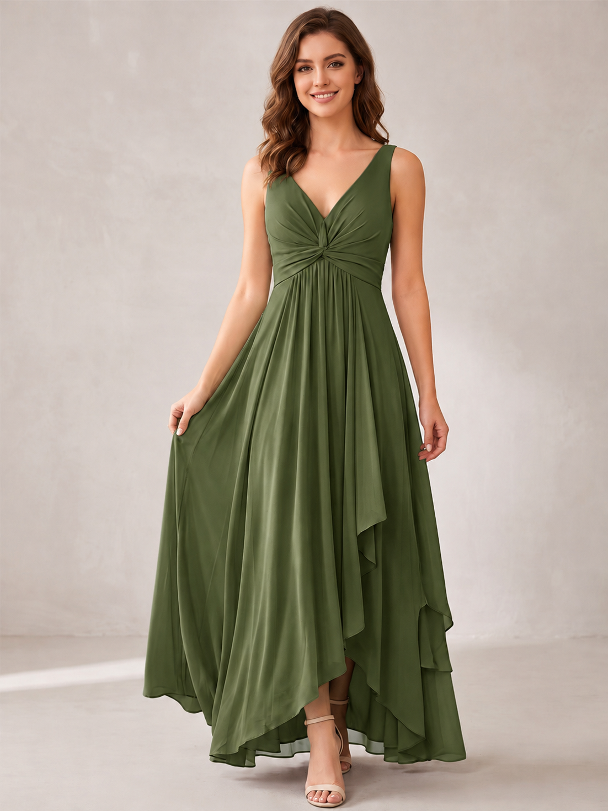 V-Neck High-Low Chiffon Bridesmaid Dress with Ruffles