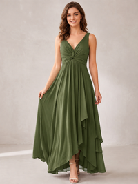 V-Neck High-Low Chiffon Bridesmaid Dress with Ruffles