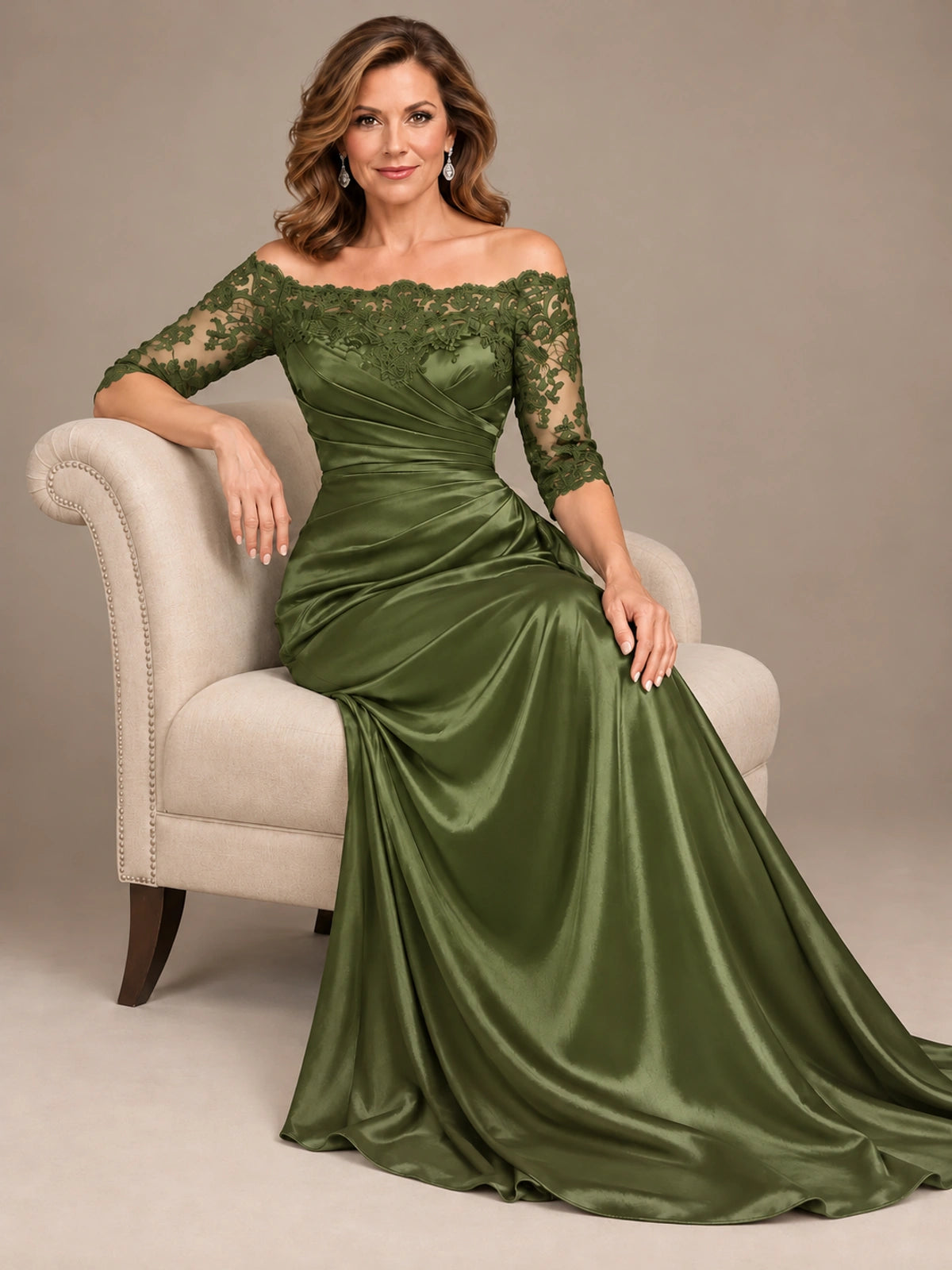 Satin Mother of the Bride Dress with Lace Sleeves Off Shoulder Formal Gown