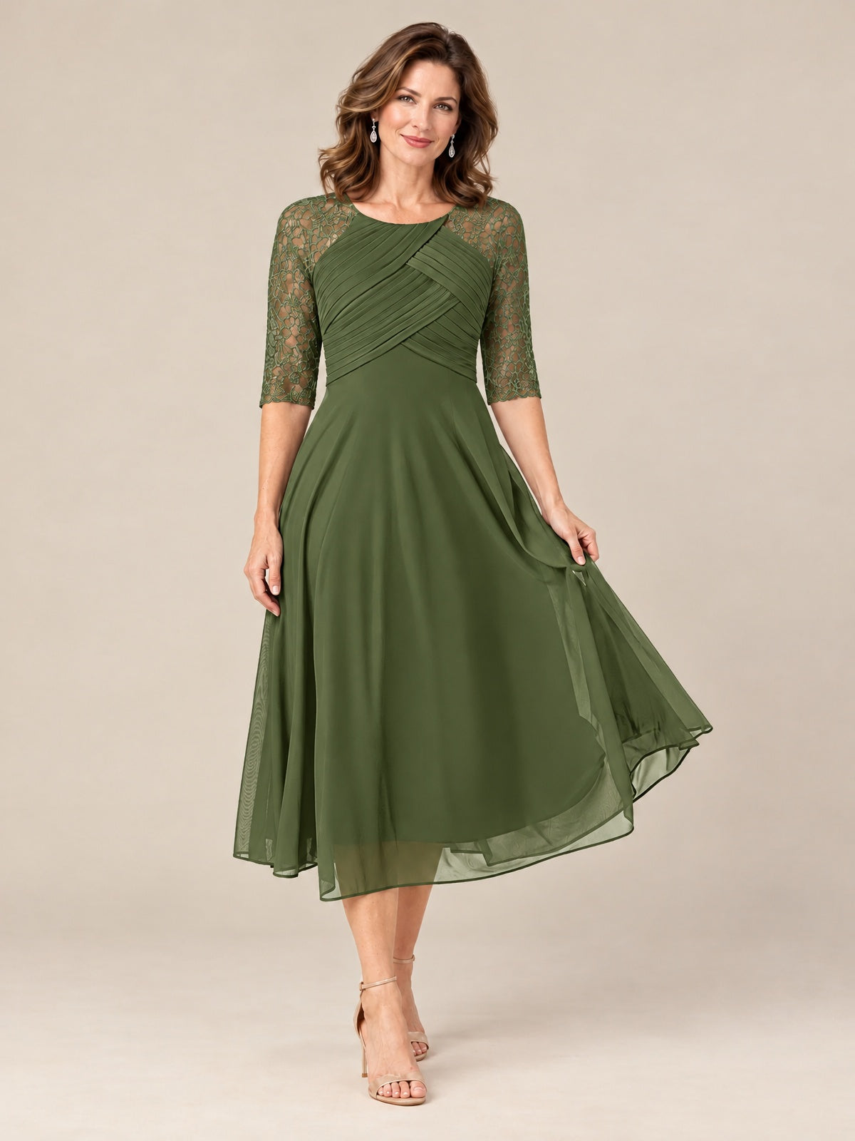 Tea-Length Mother of the Bride Dress with Lace 3/4 Sleeves