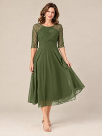 Tea-Length Mother of the Bride Dress with Lace 3/4 Sleeves