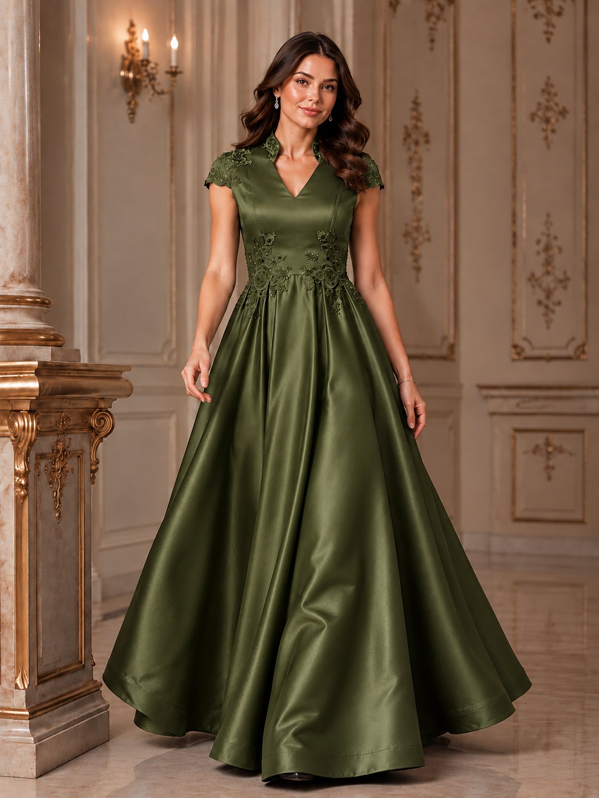 Lace Appliqué A-Line Satin Maxi Dress