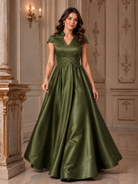 Lace Appliqué A-Line Satin Maxi Dress