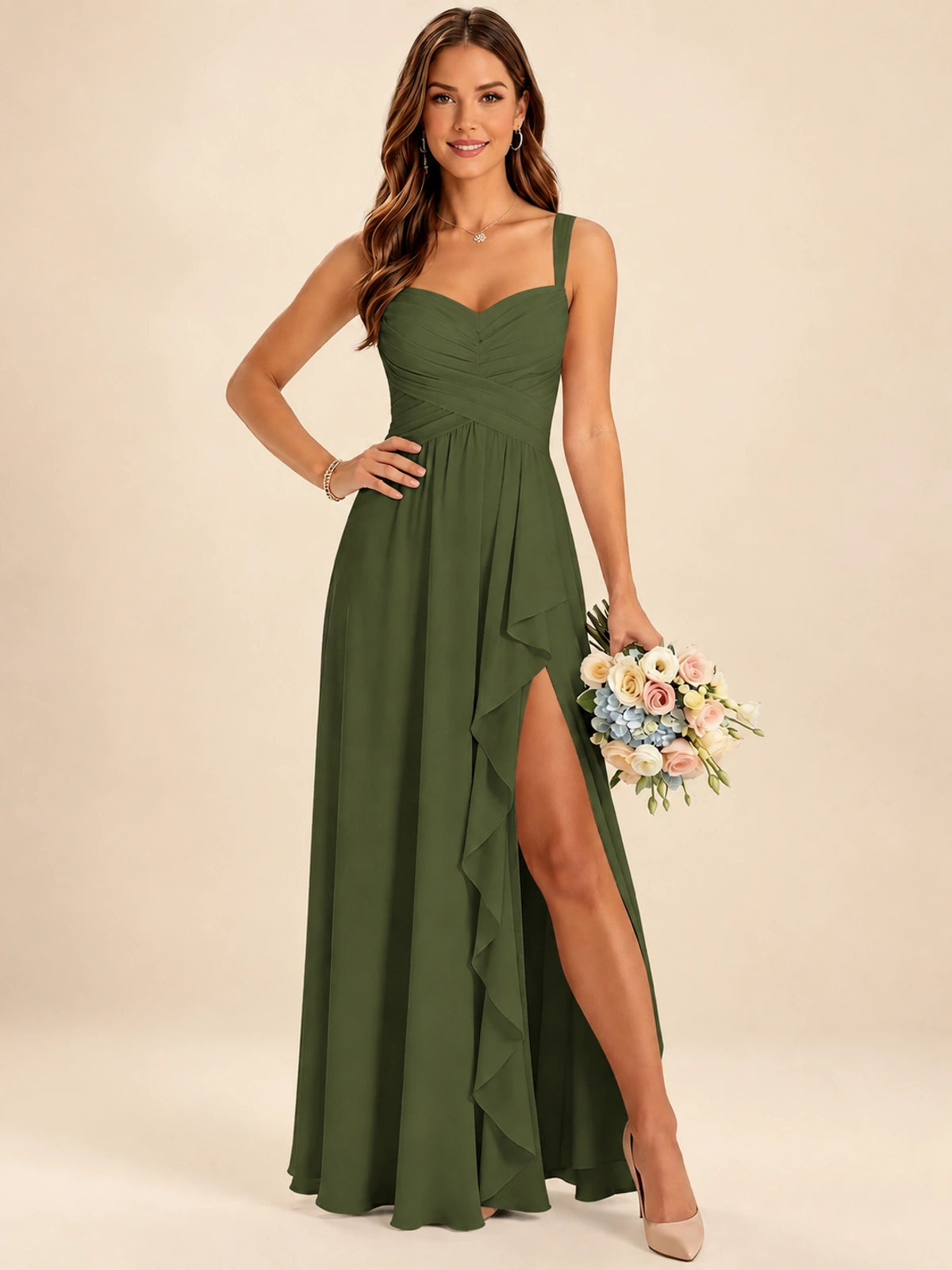 Spaghetti Straps Pleated Chiffon Bridesmaid Dress with Ruffle Slit