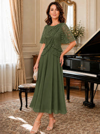 Tea-Length Chiffon Mother of the Bride Dress with Sequin Lace Sleeves
