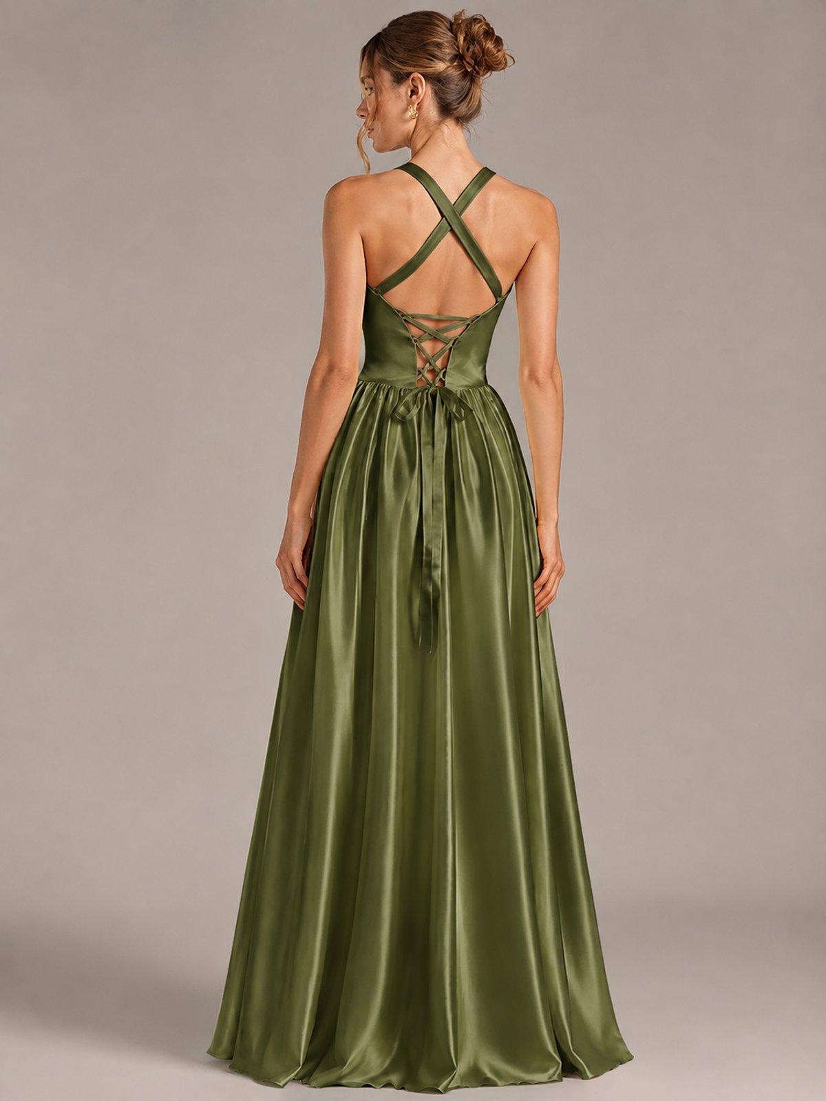Light Yellow Halter Neck Satin A-Line Maxi Dress with Pockets