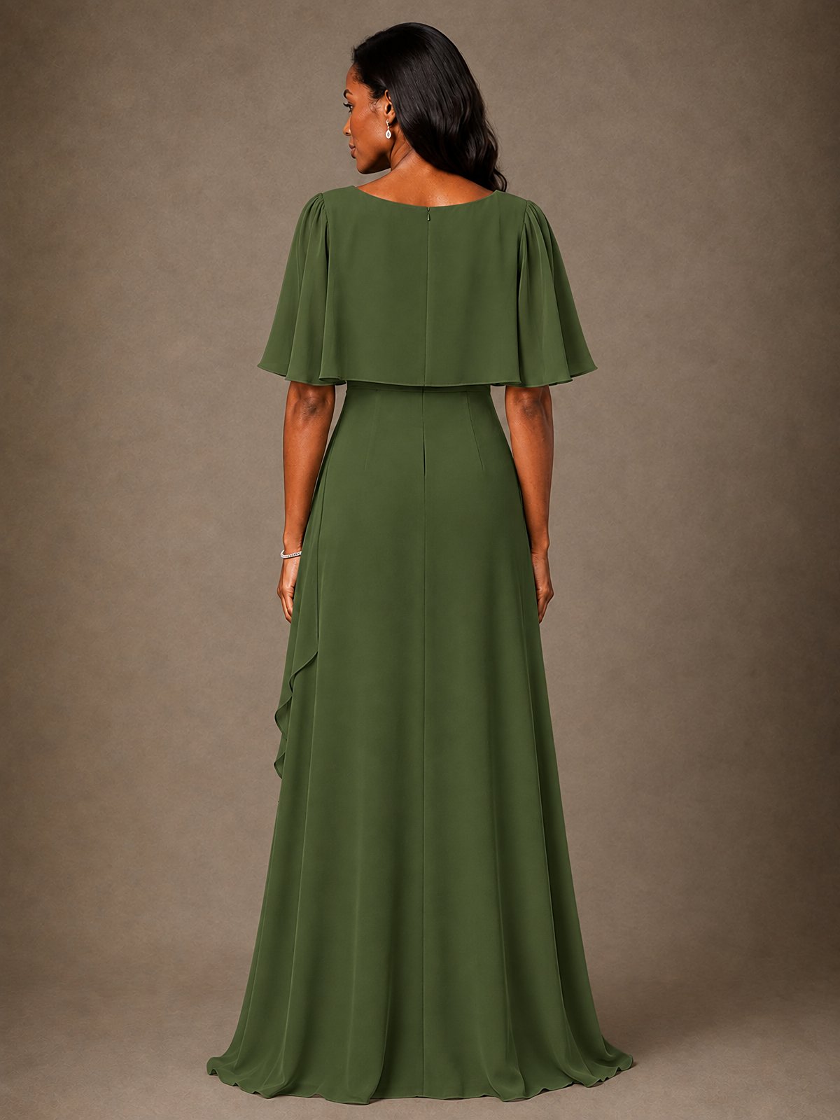 Taupe Chiffon A-Line Mother of the Bride Dress with Cape Sleeves