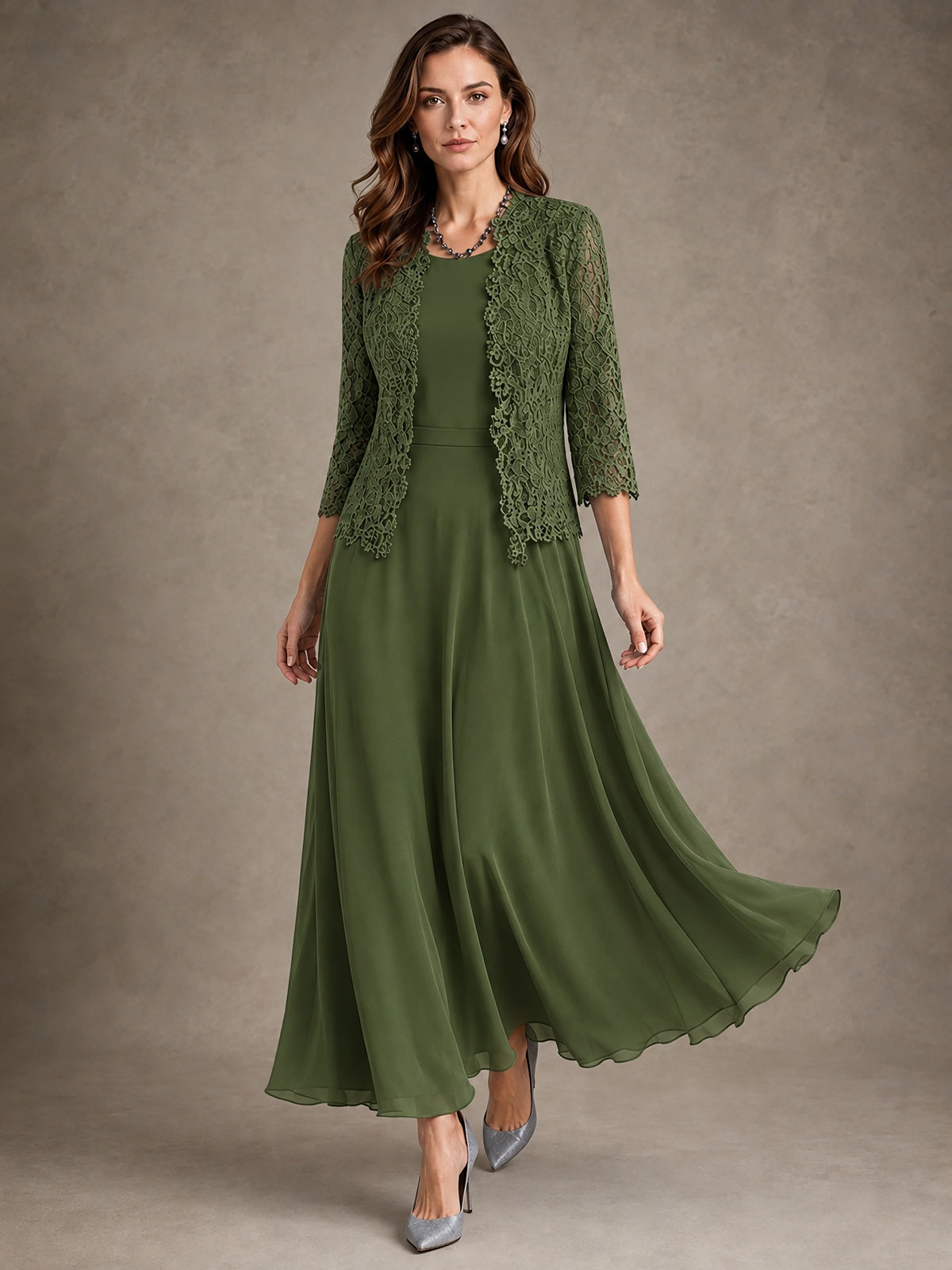 2-Piece Chiffon Mother of the Bride Dress with Lace Jacket