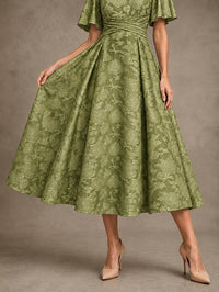 V-Neck Floral Jacquard Tea-Length Mother of the Bride Dress