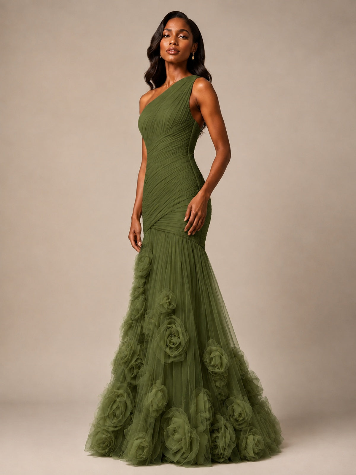 Blush Pink One Shoulder 3D Floral Mermaid Prom Dress