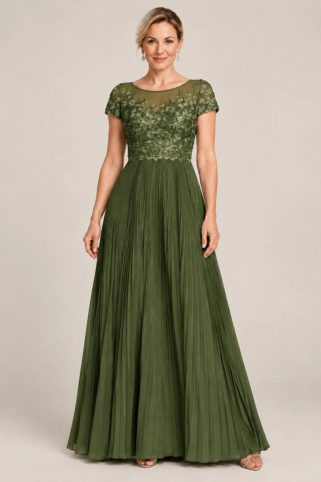 Embroidered Lace Pleated Mother of the Bride Dress