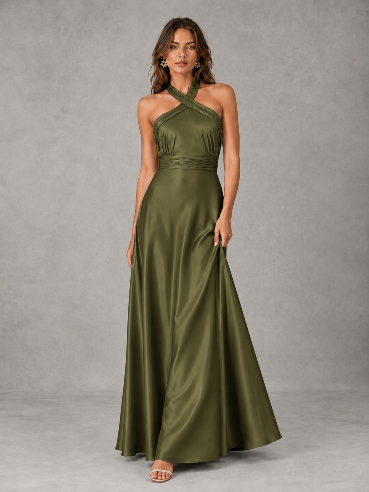 Sage Green Satin A-Line Bridesmaid Dress with Halter Neck