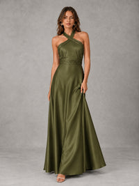 Sage Green Satin A-Line Bridesmaid Dress with Halter Neck