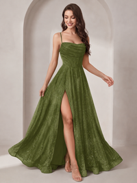 Sparkly Cowl Neck Corset Long Prom Dress with Slit A-line Tulle Ball Gown