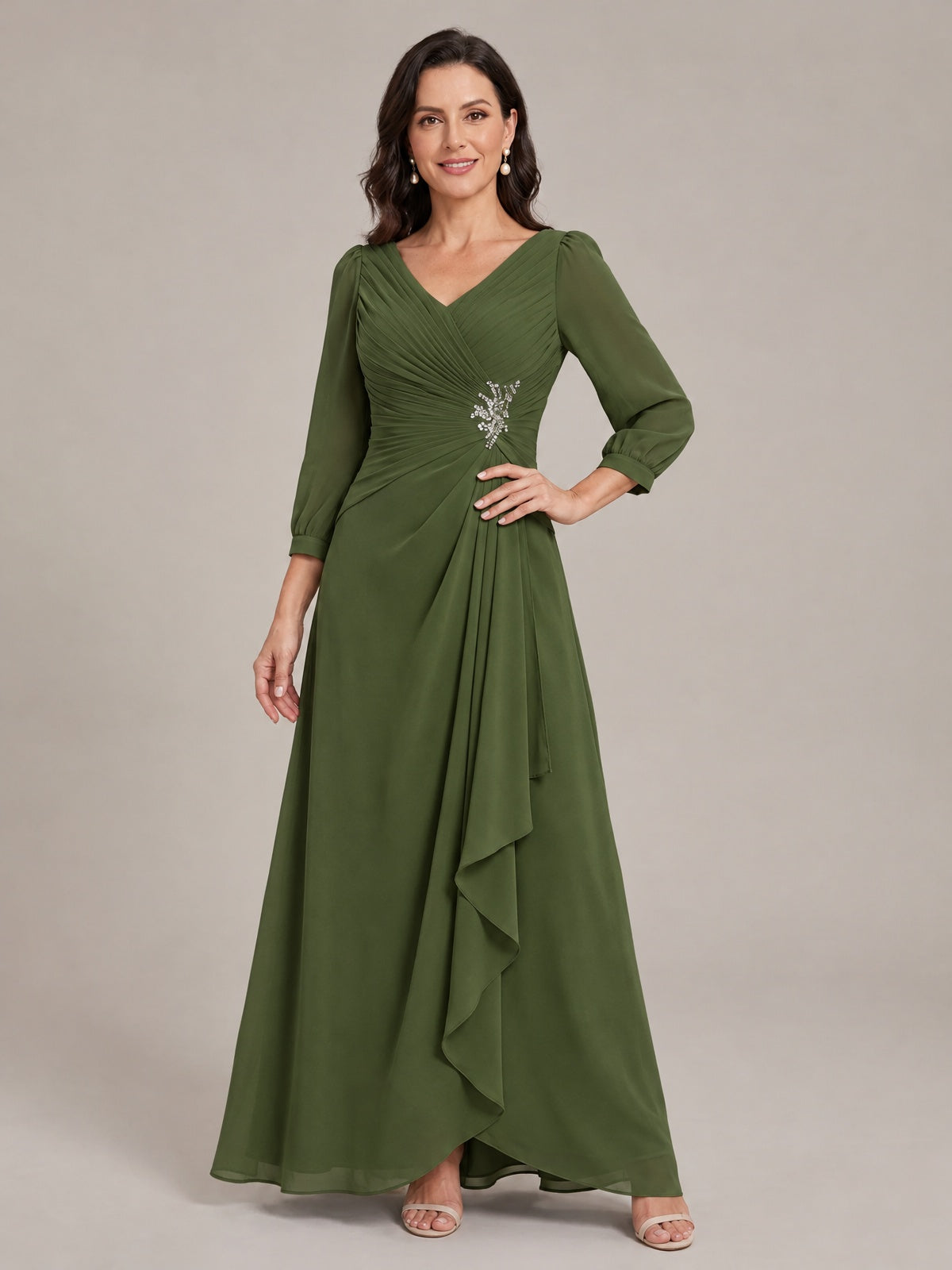 V-Neck Pleated Chiffon Mother of the Bride Dress with Flutter Sleeves