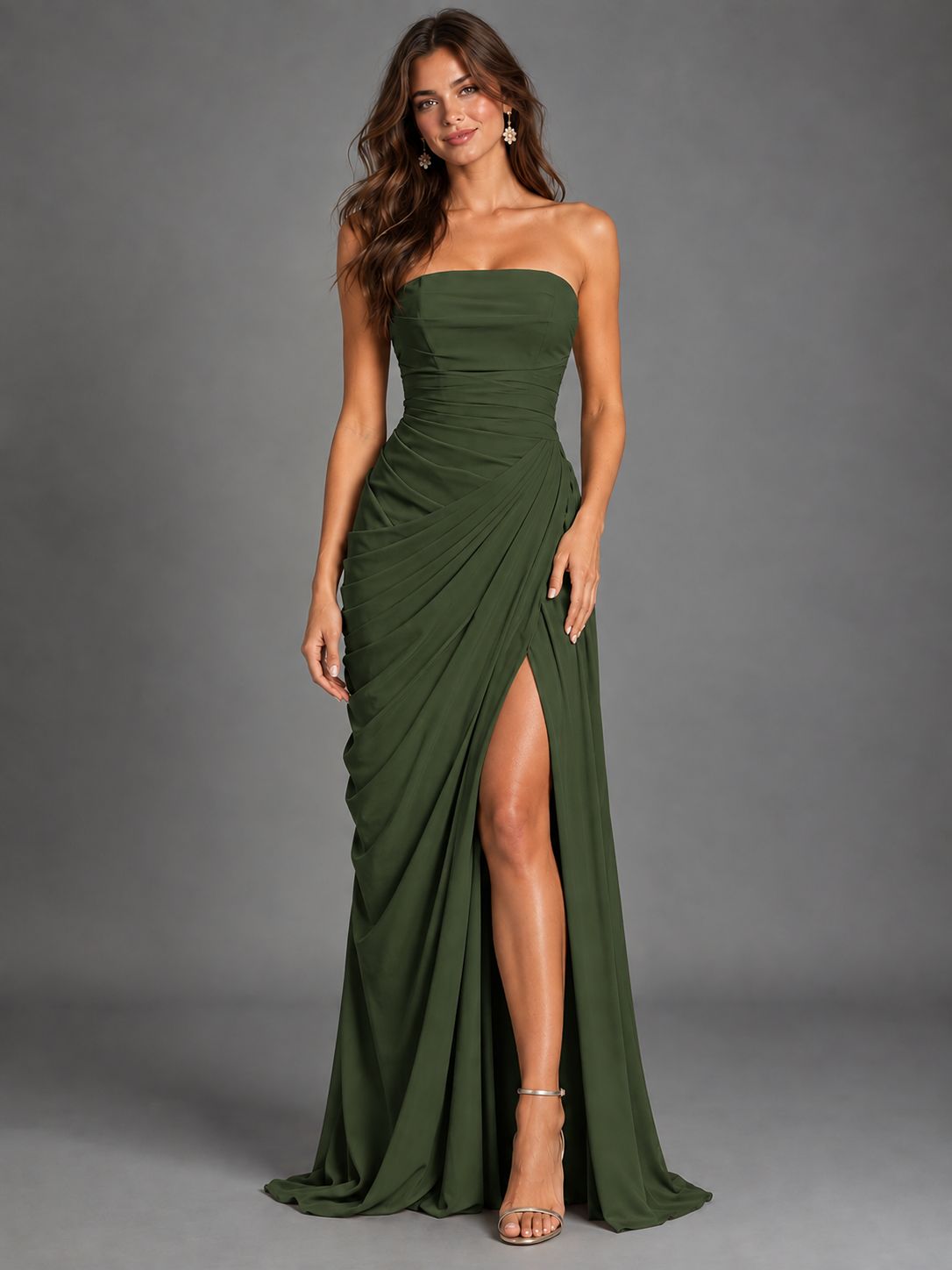 Strapless Bodycon Pleated Chiffon Formal Dress with Slit