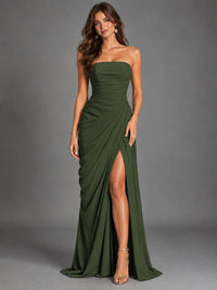 Strapless Bodycon Pleated Chiffon Formal Dress with Slit