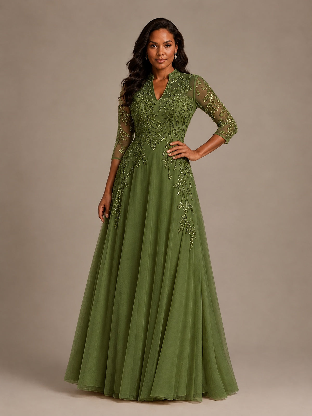 Embellished Appliques Mother of the Bride Dress with 3/4 Sleeves