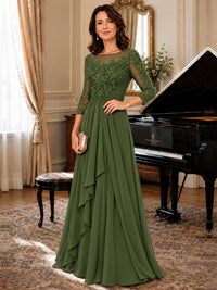 A-Line Chiffon Mother of the Bride Dress with Floral Applique 3/4 Sleeves