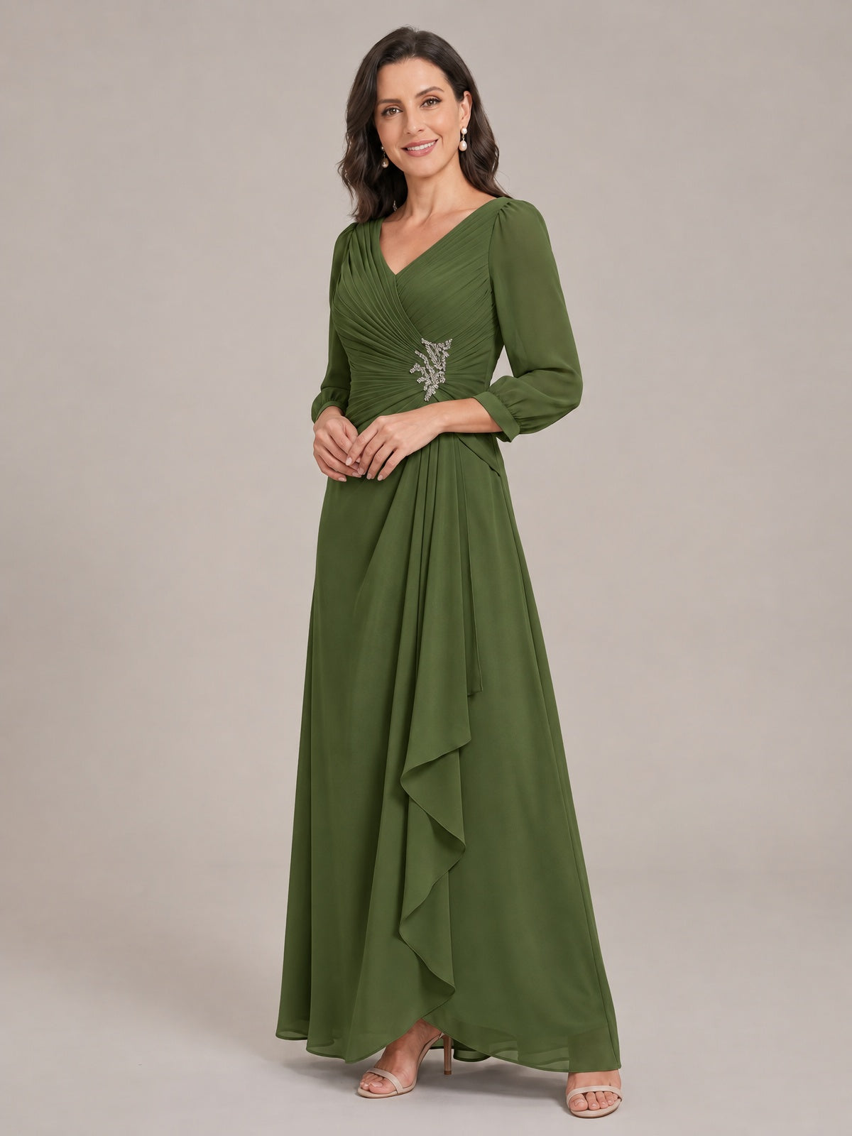 V-Neck Pleated Chiffon Mother of the Bride Dress with Flutter Sleeves