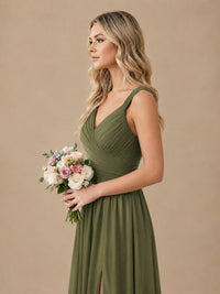 Pleated Chiffon V Neck Wedding Bridesmaid Dresses Floor Length with Slit