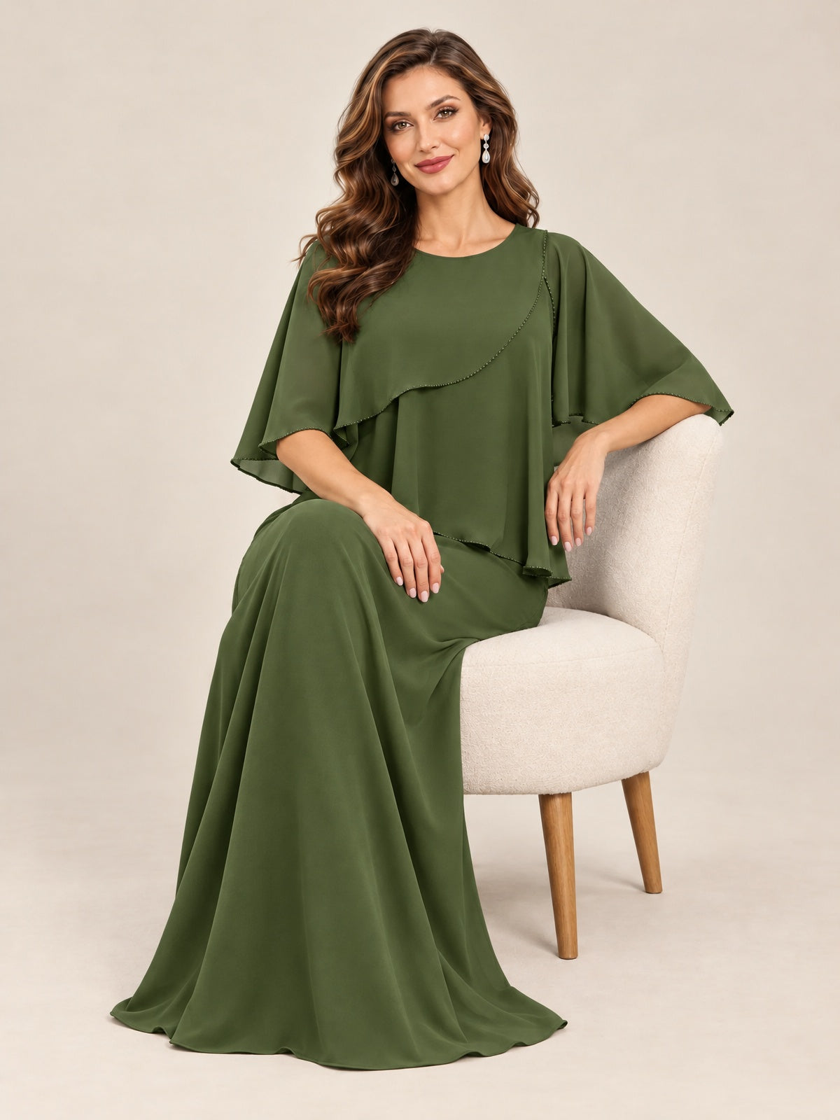 Cape Sleeve Mother of the Bride Dress with Asymmetrical Overlay
