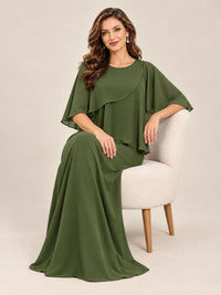 Cape Sleeve Mother of the Bride Dress with Asymmetrical Overlay