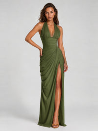 Ruched Halter Neck High-Slit Prom & Evening Dress