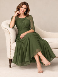 Tea-Length Mother of the Bride Dress with Lace 3/4 Sleeves