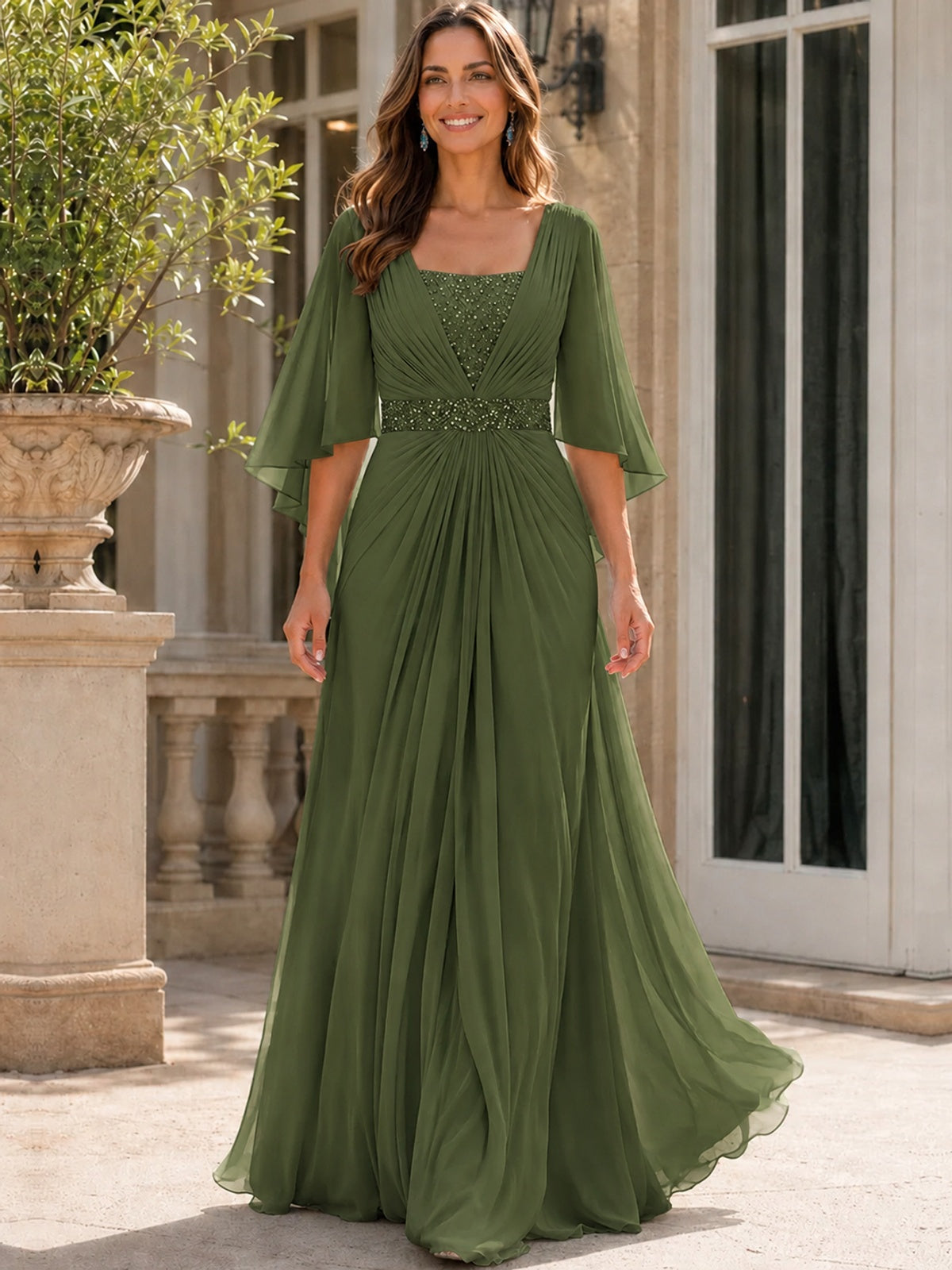 Elegant V-Neck Sequined Chiffon Mother of the Bride Dress with Flutter Sleeves