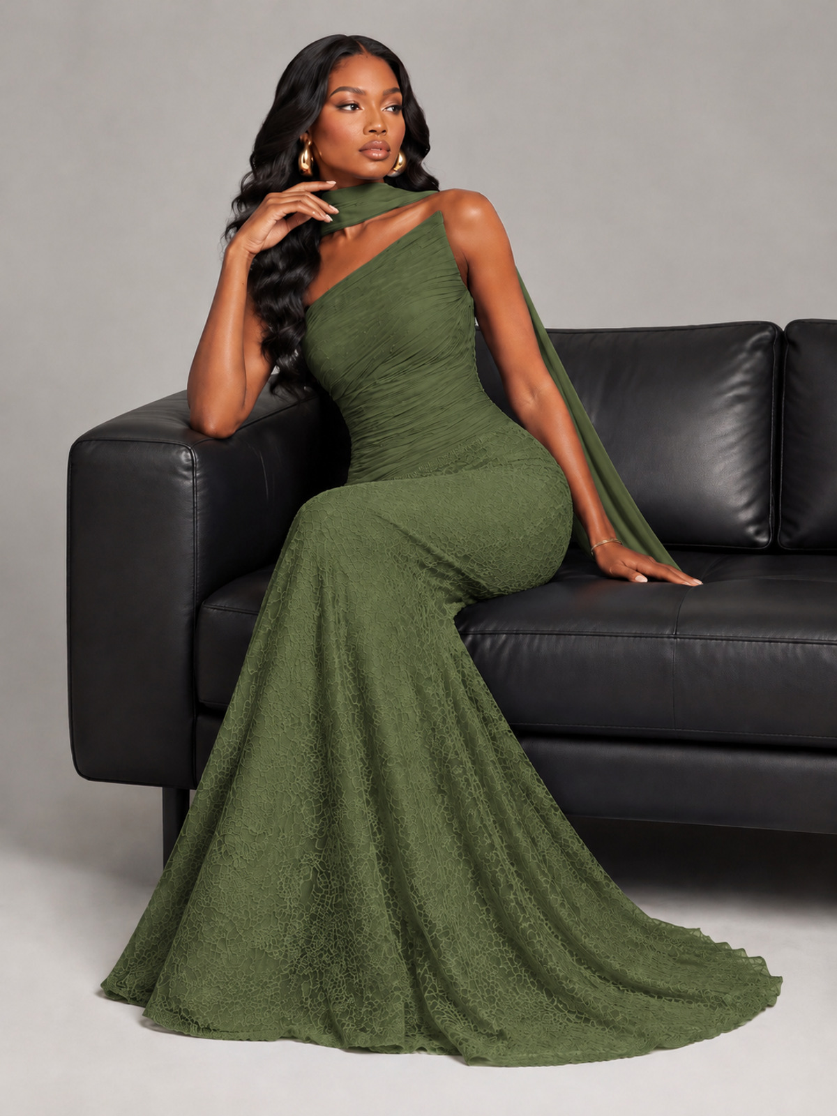 Pleated Chiffon Lace Prom Dresses Long Bodycon Mermaid with Scarf