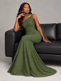 Pleated Chiffon Lace Prom Dresses Long Bodycon Mermaid with Scarf