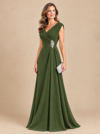 V Neck Pleated Mother of The Bride Dresses with Beading Cap Sleeves