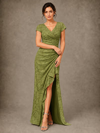 V-Neck Floral Jacquard Mother of the Bride Dress with Slit